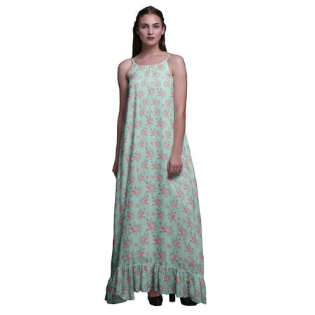 

Bimba Pastel Mint5 Floral Rose & Ranunculus Printed Nightwear For Women Long Spaghetti Strap Maxi Dress Sleepwear Gown X-Small