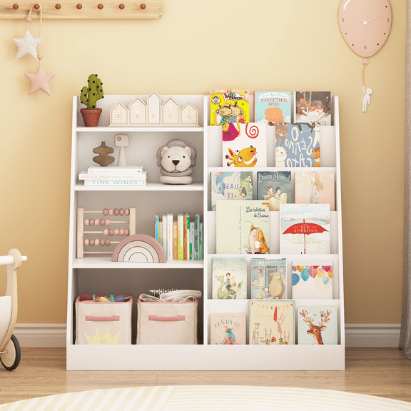 Aromei 2-in-1 Bookcase & Toy Organizer, Multifunctional 4-Tier Wooden Book Shelf with Open Display Shelves for Playrooms Bedrooms, White