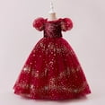 thumbnail image 2 of IVEYRTF Girls Christmas Party Dress Princess Gown with Sparkly Sequins Puffed Sleeve Tulle Skirt for Birthday Pageants Fashion Elegant Round Neck Short Sleeve Dress(Red,9-10 Years), 2 of 9