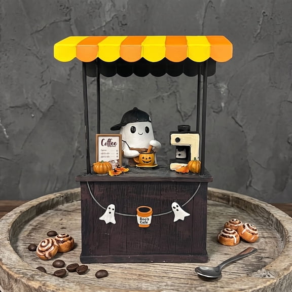 Halloween Ghost Coffee Car Figurine, Cute Spooky Coffee Stand Ghost Barista Figurine, Farmhouse Tiered Tray & Coffee Table Fall Decor