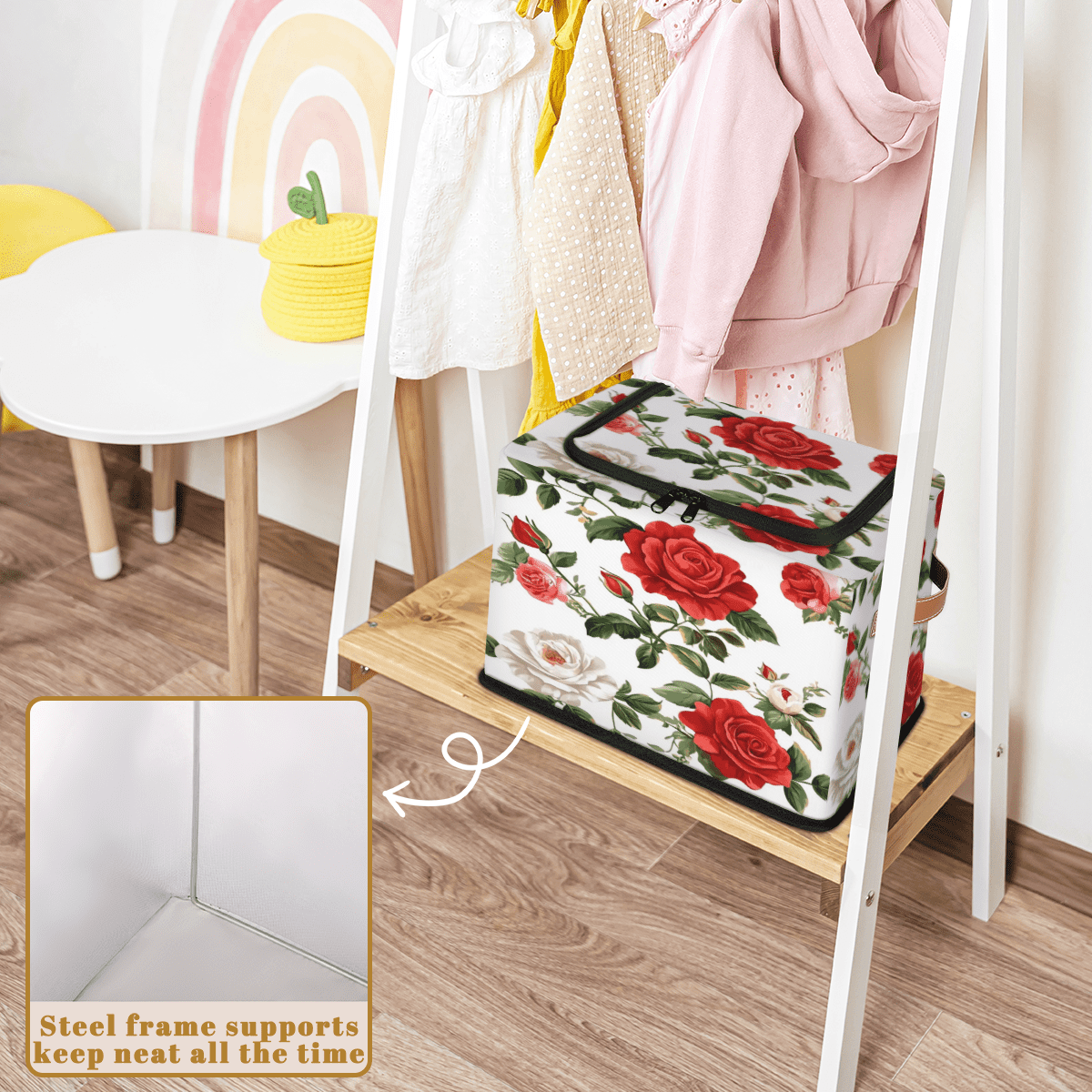 ADECORIVY Flowers Fabric Storage Bin with Lid, Decorative Closet Shelf Organizers, White Red Roses Foldable Basket Box Clothes Storage Bin with Handles