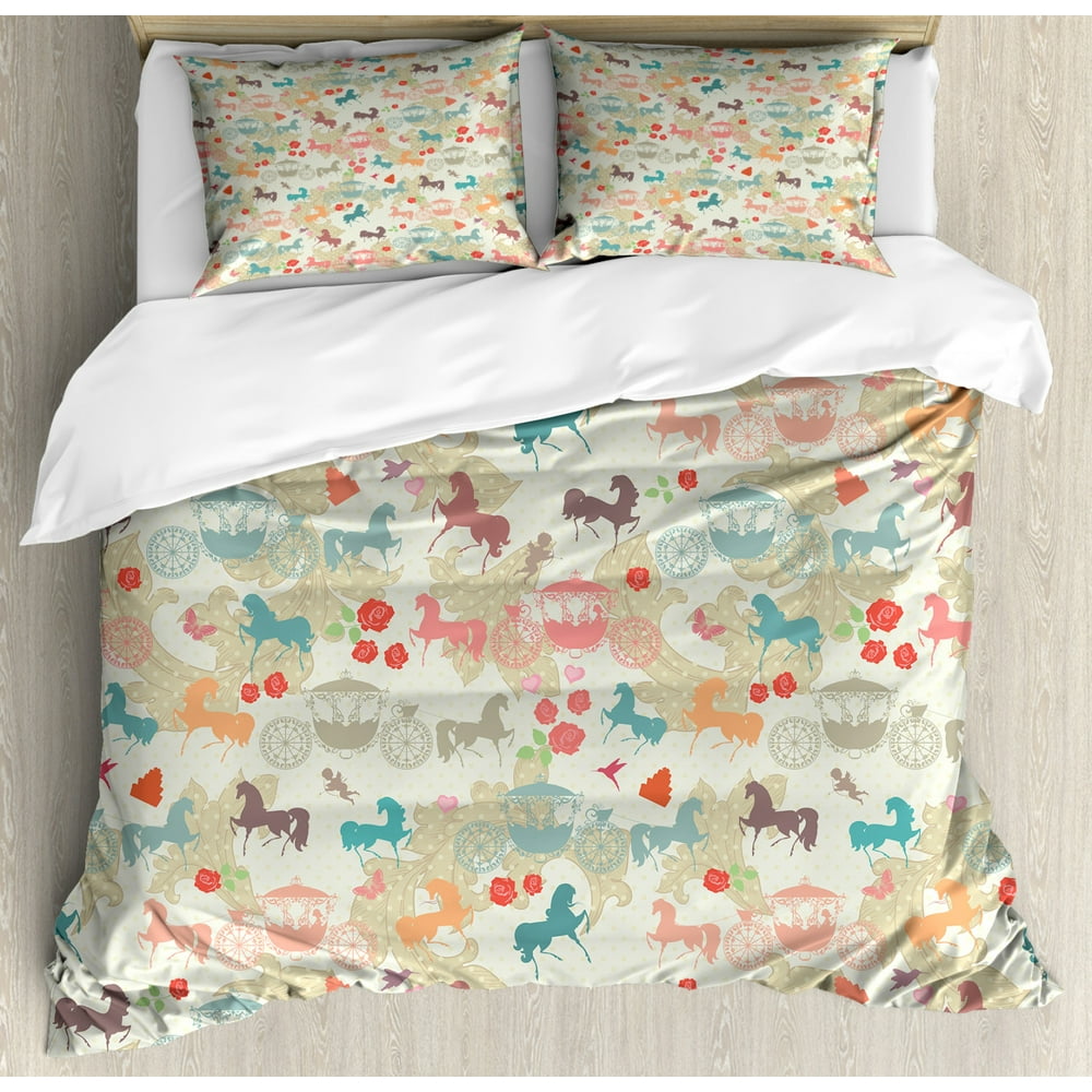 Horses Queen Size Duvet Cover Set, Carriage with Stallions Abstract Fairy Tales Elements