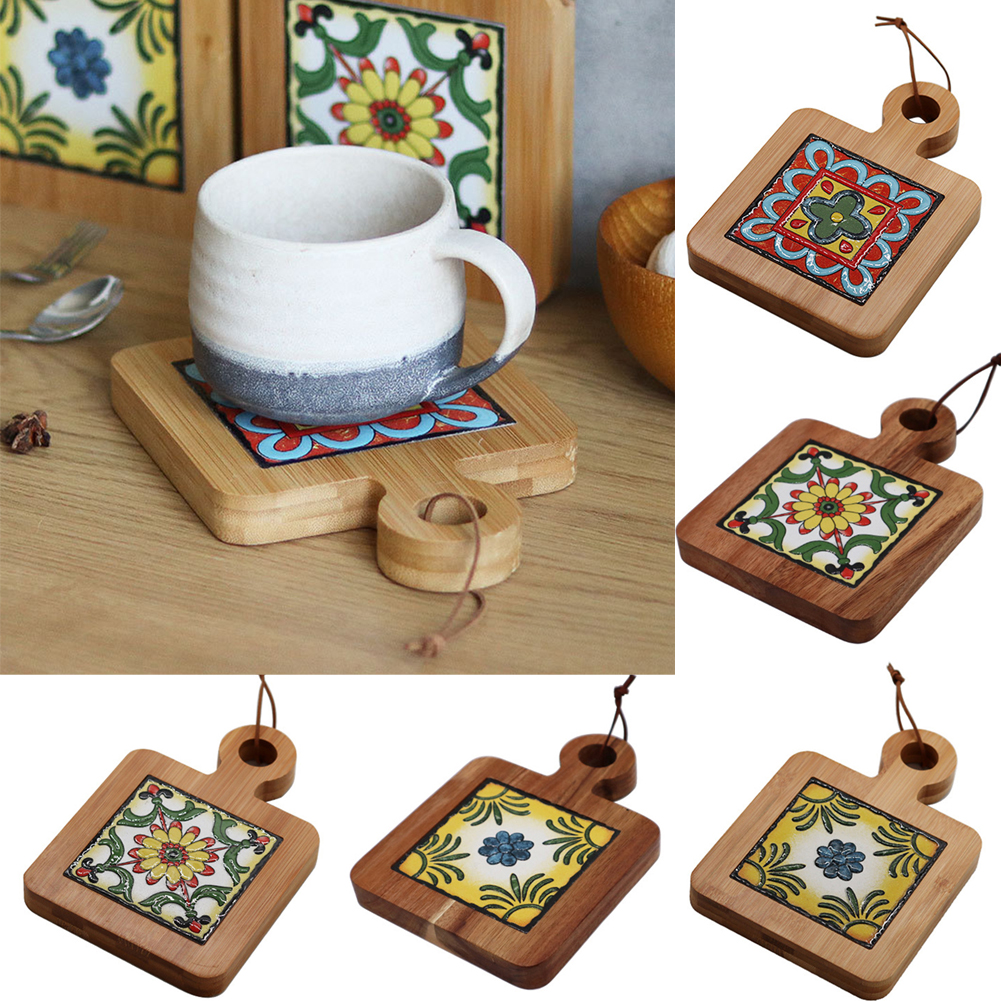 Acacia Wood Placemat, Vintage Style Bamboo Board Tiles Trivet Mats For