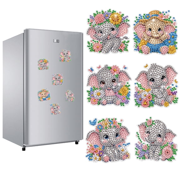6pcs Diamond Painting Kit Fridge Magnets Flower & Elephant DIY Glitter Magnetic Stickers Creative Fridge Decor for Kitchen Accents & Holiday Gifts
