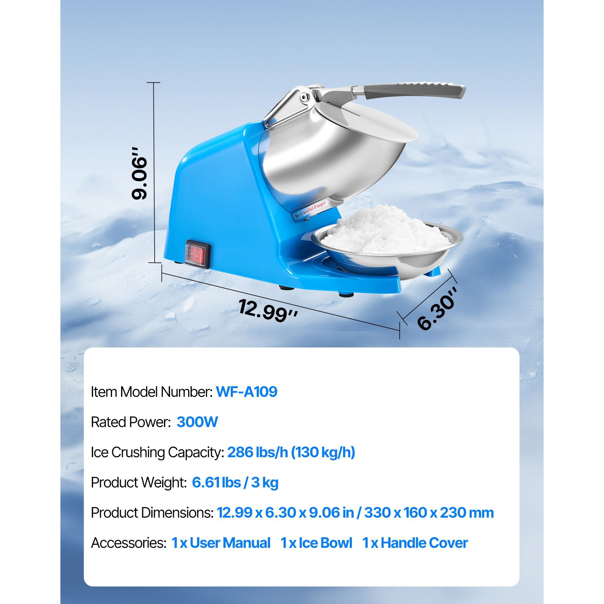 Ice Crusher Machine 286 lbs/h, 300W, 4 Stainless Steel Blades, 2000 RPM, Blue, for Home Commercial Shaved Ice Snow Cones