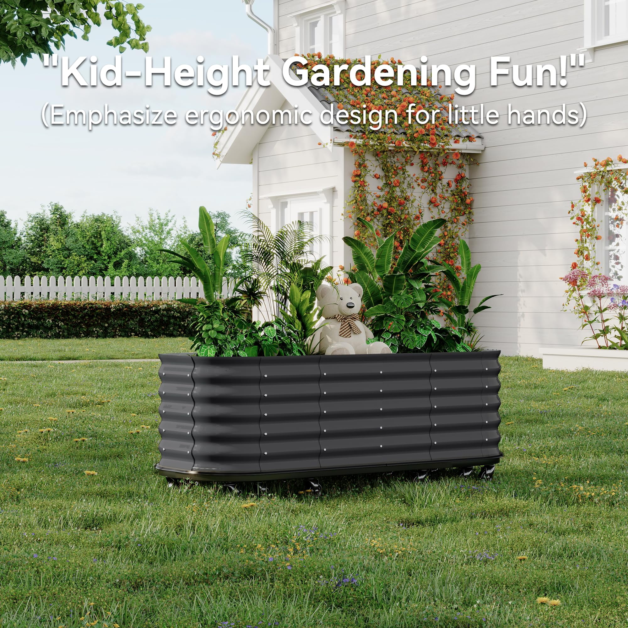 MAROUTE Galvanized Steel Raised Garden Bed – Self-Watering, with Wheels, White, 94.5"x23.6"x19.7"
