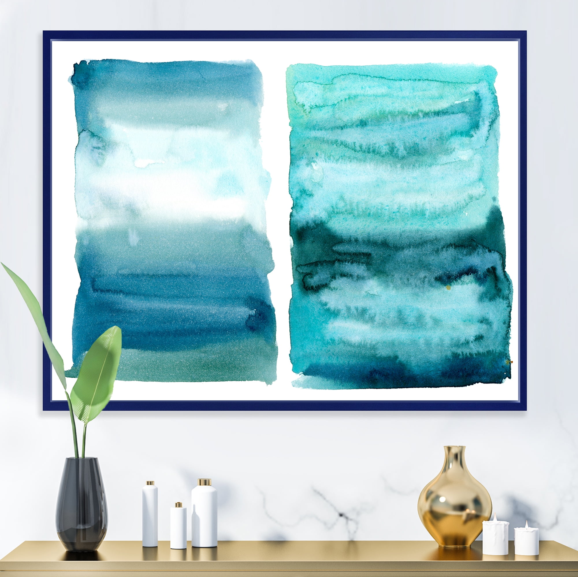 Designart 'Abstract Blue Ocean Aquatic Impression II' Modern Framed Canvas Wall Art Print