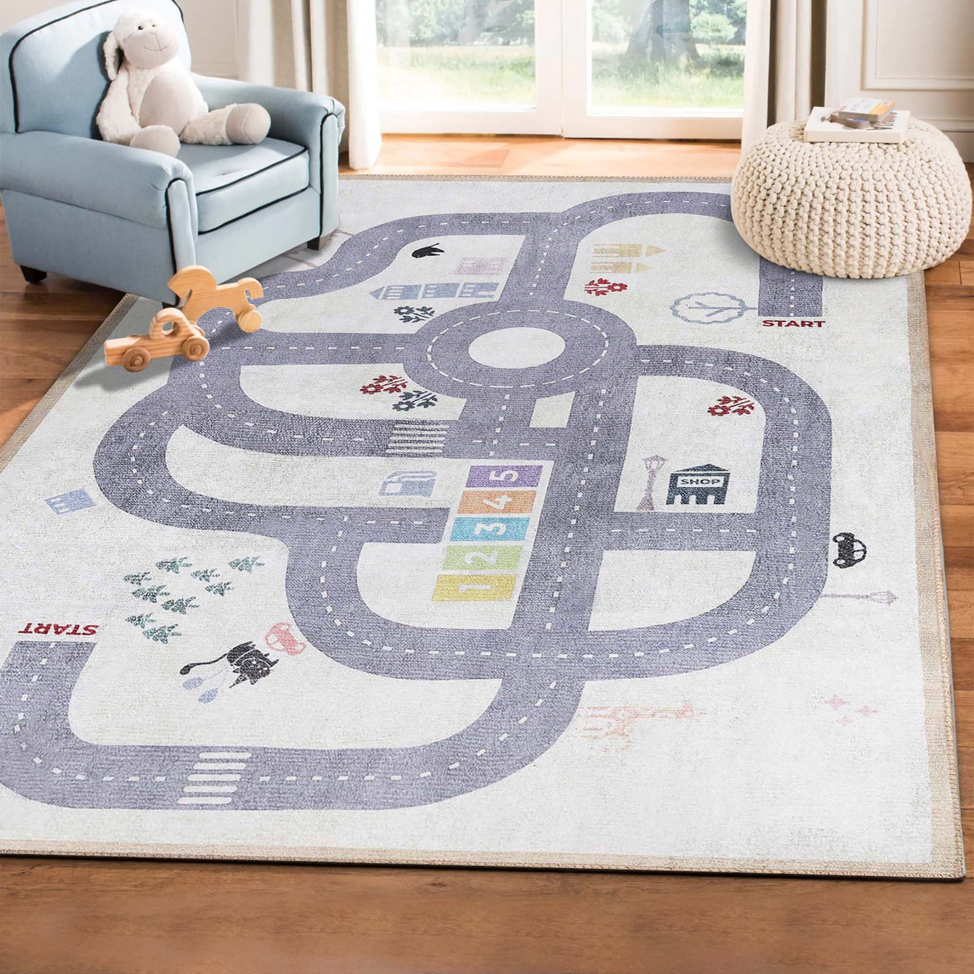 Superior Path Road Non-Slip Kids Washable Indoor Area Rug, 4' x 6', Ivory