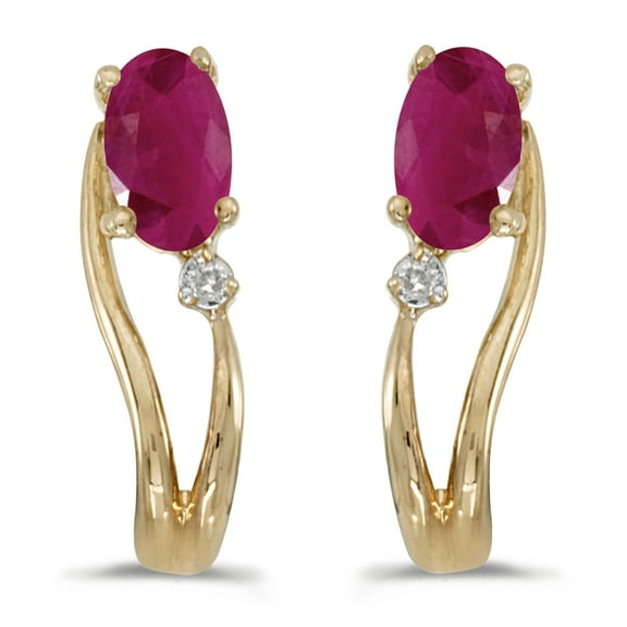 14k Yellow Gold Oval Ruby And Diamond Wave Earrings