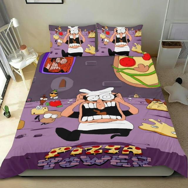 Torre de Pizza Conjunto de sábanas temático, trío de piezas, cómodo y amigable con la piel, diseño único, regalo de decoración para el hogar para familiares, amigos y fans, 90 cm * 190 cm