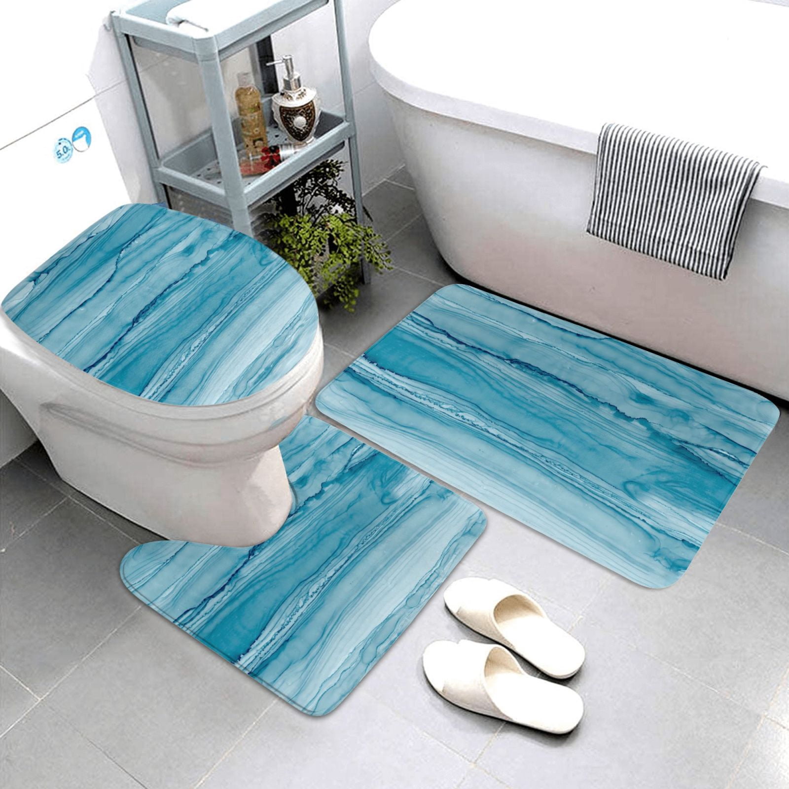 Bathroom Rugs Sets 3 Piece - Teal Turquoise Fluid Stripes Absorbent Non Slip Bath Mats, U-Shape Toilet Lid Cover, Contour Mat, Soft Washable Shower Mats Bath Rug Mat for Bathroom Tub Toilet