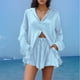 thumbnail image 2 of Conjunto de camisa de manga larga lisa y pantalones cortos para mujer: ropa informal de playa, cintura elástica, tallas S-XXL, contorno de pecho 130-146 cm, 2 of 5