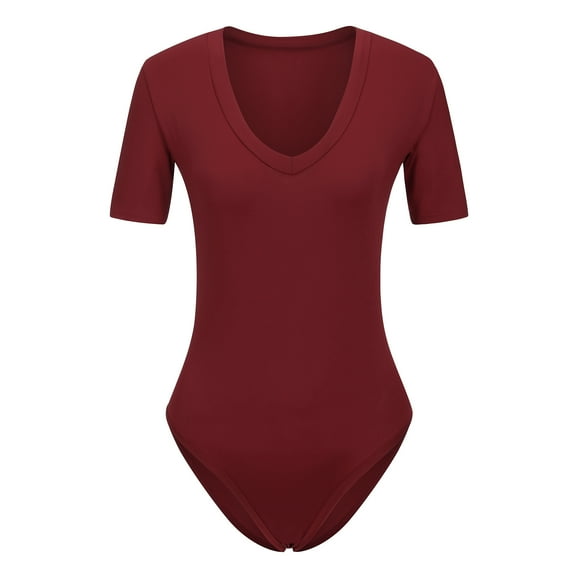 Women's Short Sleeve Bodysuit Short Sleeve Bodysuit V Neck Slim Fit Basic Jumpsuit, Wine Red, S