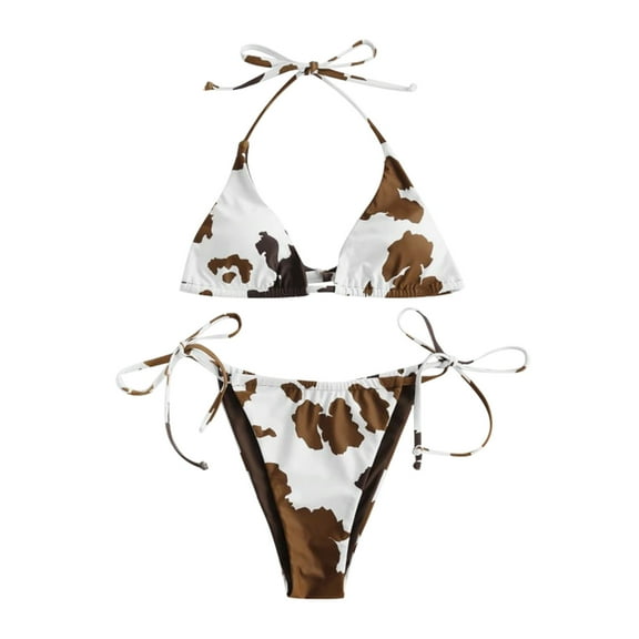 VNKIDY Womens Cow Print Two Piece Bikini Set Halter Triangle Top Side Tie Thong Bottoms Cute Casual Swimsuit Outfit For Summer Beach Vacation Wear Brown M