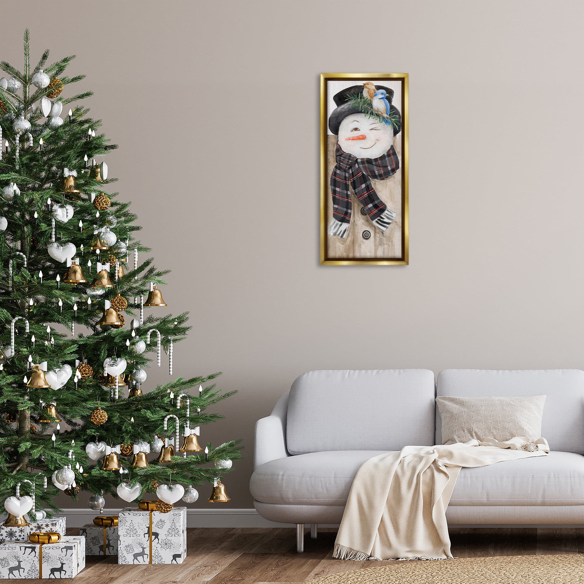 Stupell Industries Rustic Winter Snowman Wink Fairy Tales & Fantasy Painting Gold Floater Framed Canvas Art Print Wall Art, 15 x 31