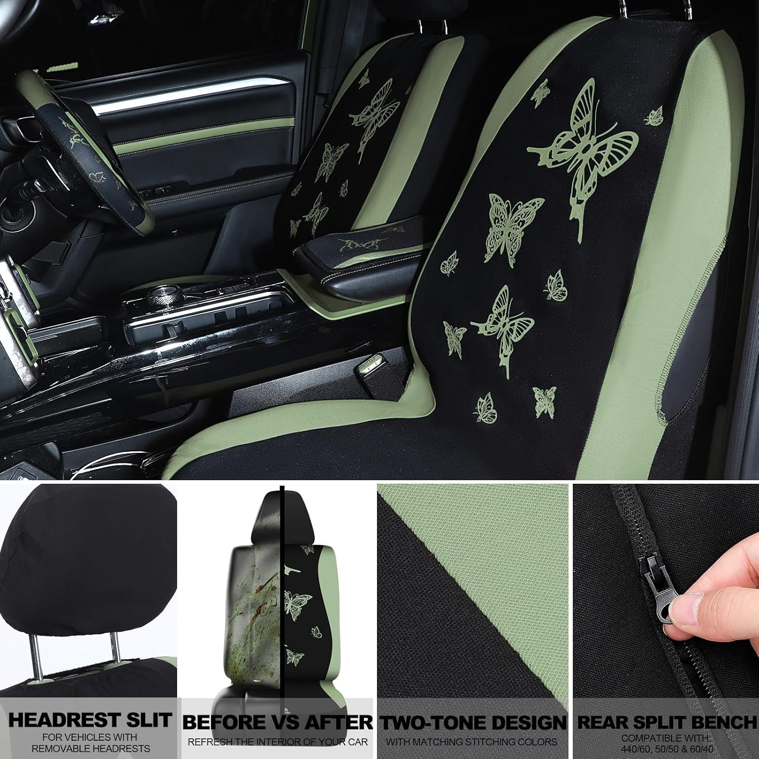 NestE-47 Pcs Butterfly Car Seat Full Set Butterfly Car Accessories for Women 5 Front Rear Seat Covers Wrist Strap 2 Pieces Cup Mat Armrest Pad 2 Belt Cover Accessories for SUV(Sage Green)