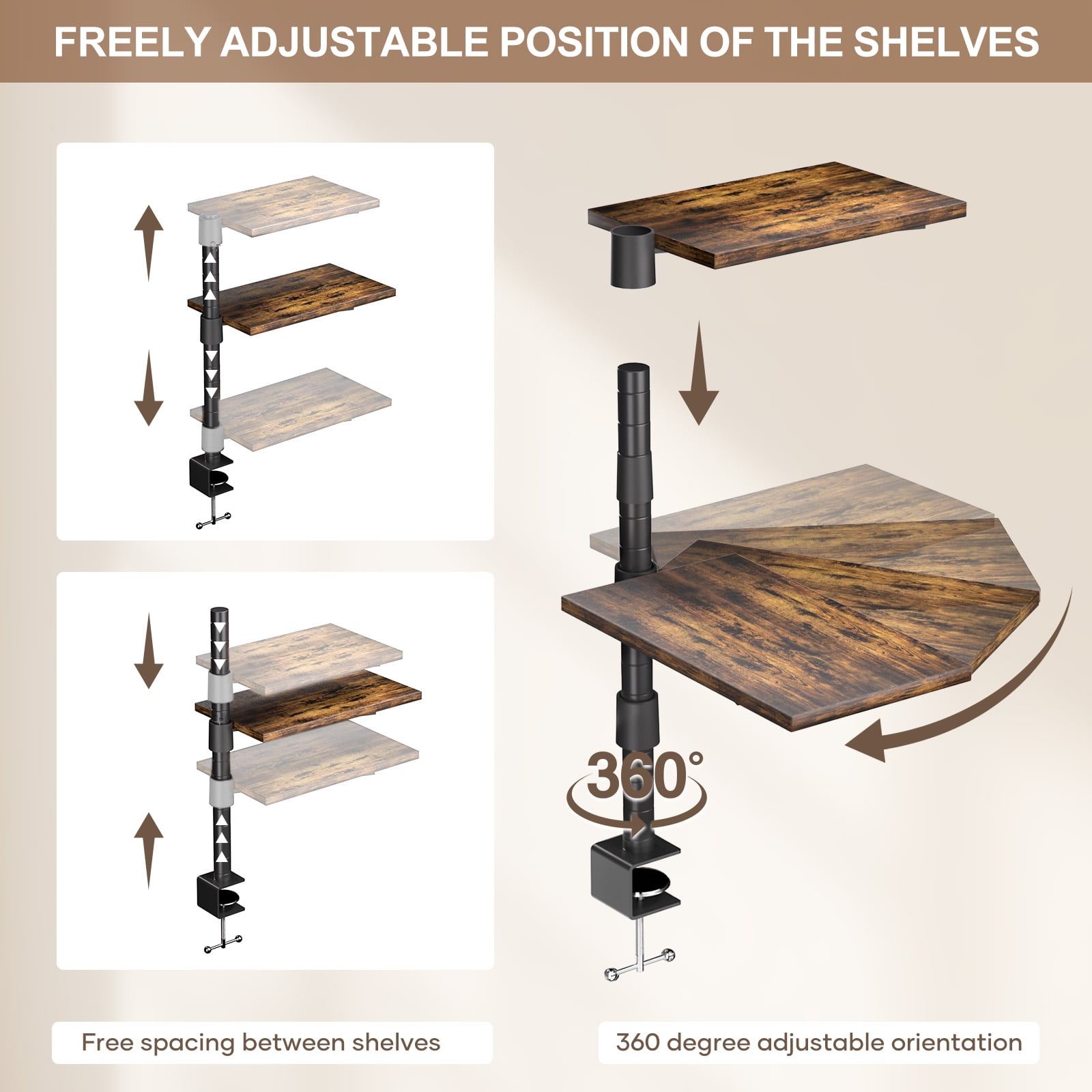 Clamp On Desk Shelf 3-Tier, 360° Adjustable Height Wood Shelving Unit for Office Desk Gaming Accessories, Rotatable Storage Tray, Desktop Book Organizer Storage Rack, Shelf for Desktop Decoration