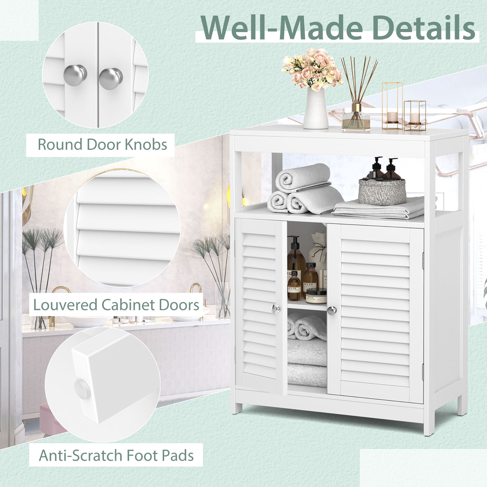 Costway Bathroom Floor Cabinet Free Standing Storage Organizer w/ Double Shutter Doors