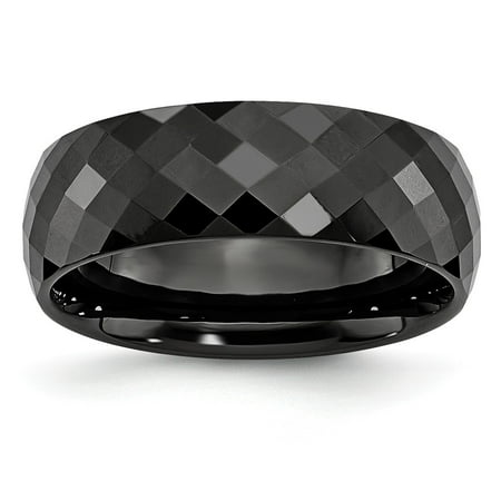 Faceted Black Ceramic Ring - Ceramic Black Faceted 7.5mm Polished Band Ring - Ring Size: 6 to 13