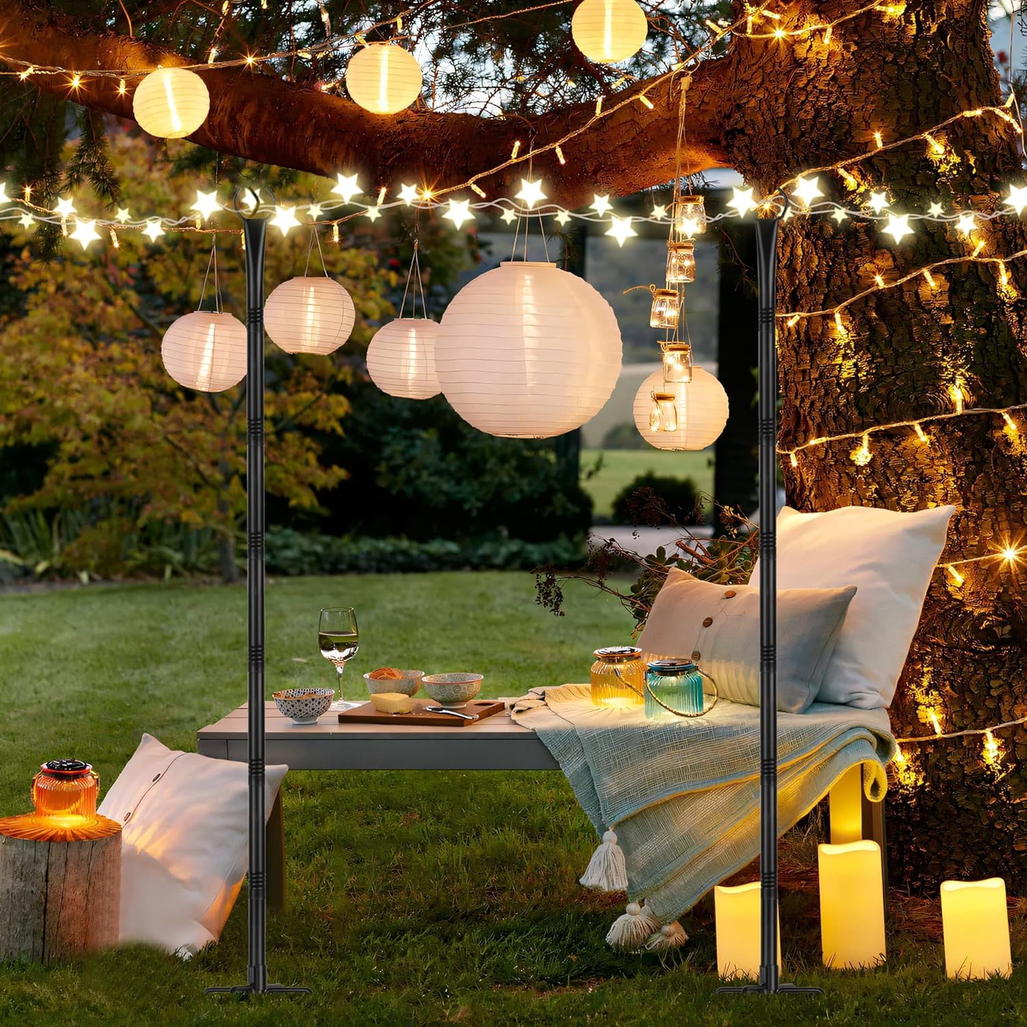 Suchtale String Light Poles with Hooks, 4 Pack 8.5FT Metal Light Pole for Outdoor String Lights with 5-Prong Fork for Garden, Patio, Wedding Party, Outdoor Light Stand Holder for Christmas Deck Black