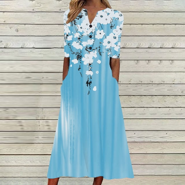Staron Robe d'Été pour Femme en Liquidation à Moins de 10 $ Sans Manches Bohème à Imprimé Floral Grande Taille Décontractée Longue Robe Ample à Col en V Fluide Évasée Tenues de Vacances Midi Robe Soleil avec Poches TTG