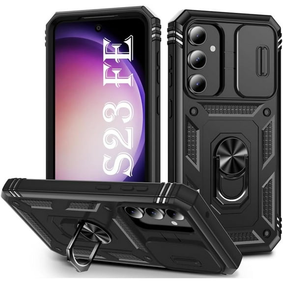 Military Grade Hybrid Case with Ring Grip and Camera Lens Protector for Samsung Galaxy S23 FE - Black