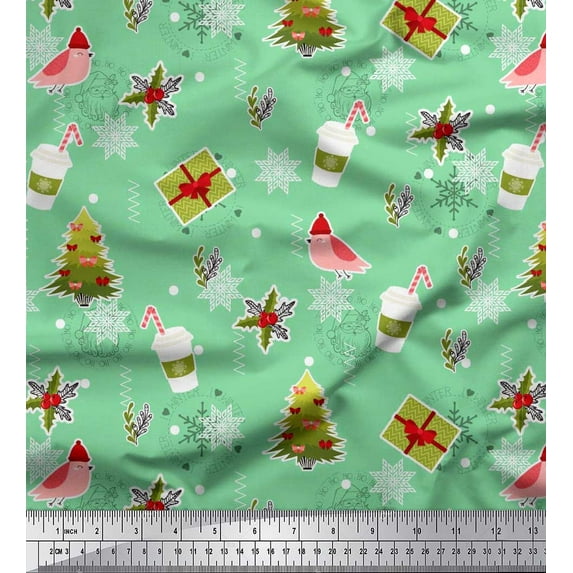 Soimoi Green polyester Crepe Fabric Coffee Cup,Gift Box & Tree Christmas Fabric Prints By Yard 42 Inch Wide