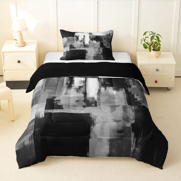 Homewish Watercolor Block Twin Comforter Sets,Abstract Grunge Bedding Set,Gray,Black Reversible,2-Piece,1 Comforter and 1 Pillowcase