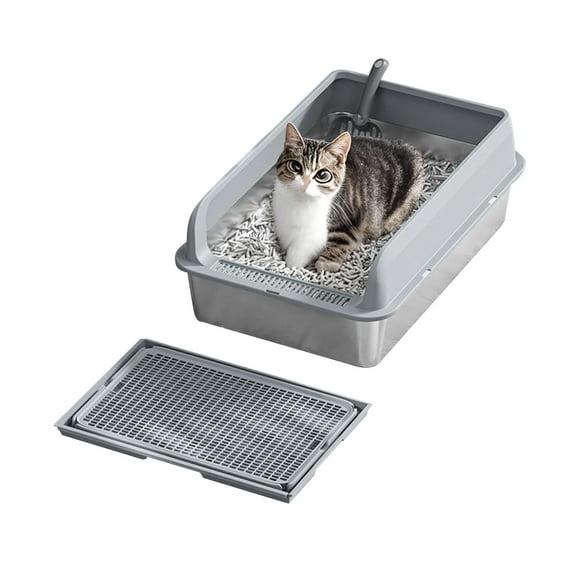 Bac à Litière pour Chat en Acier Inoxydable avec Couvercle, Grande Litière pour Grands Chats, Boîtes pour Chat en Acier Inoxydable Antiadhésives à Côtés Hauts, Boîtes en Métal pour Chaton, Anti-Fuites, Facile à Nettoyer
