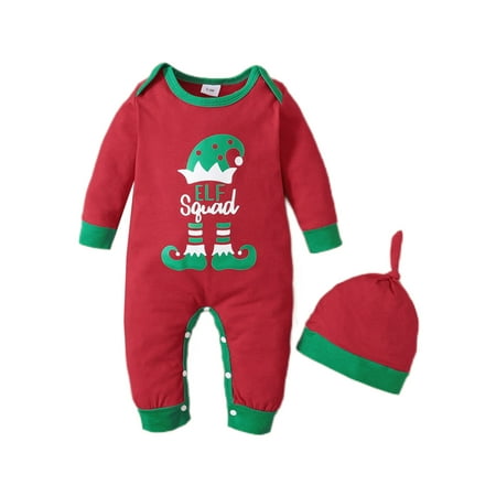 

Frontwalk Baby Warm Crew Neck Xmas Two Piece Outfits Long Sleeve 2Pcs Hat And Jumpsuit Sets Newborn Buttons Holiday Christmas Romper Red 6-9M