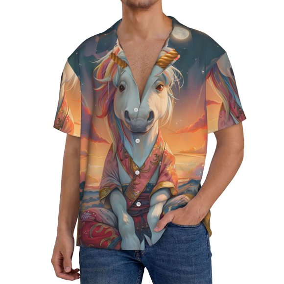 Fotbe Starry Sky Cute Horse Camisa Estampada de Manga Corta para Hombre, Casual de Verano, Estilo Playero, Sin Arrugas-X-Large