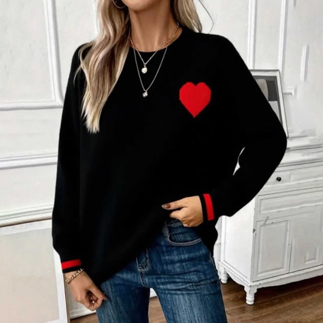 Craaazy Chandail à Imprimé Cœur pour Femmes Grande Taille, Col Rond, Manches Longues, Chandail Décontracté pour l'Automne et l'Hiver, Cadeaux