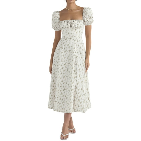 Boho Dress for Women Cottagecore Dress Maxi Dress Summer Wrap Floral Casual Vintage Square Neck Ruffle Hem Split Beach Dress