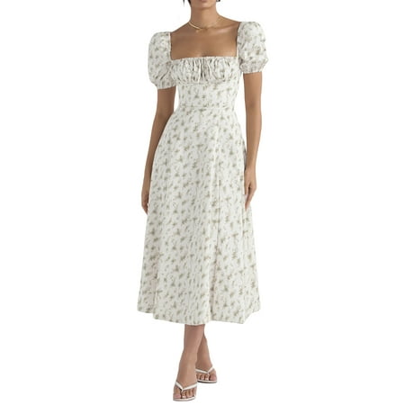 

Xsylife Women s Floral Print Boho Dress Short Sleeve Square Neck Ruffle Flowy Maxi Dresses