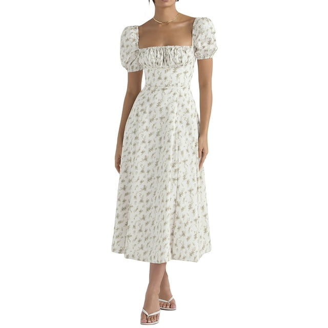 Fortune Women Boho Floral Dresses Square Neck Sleeveless Long Dress Split A Line Sundress