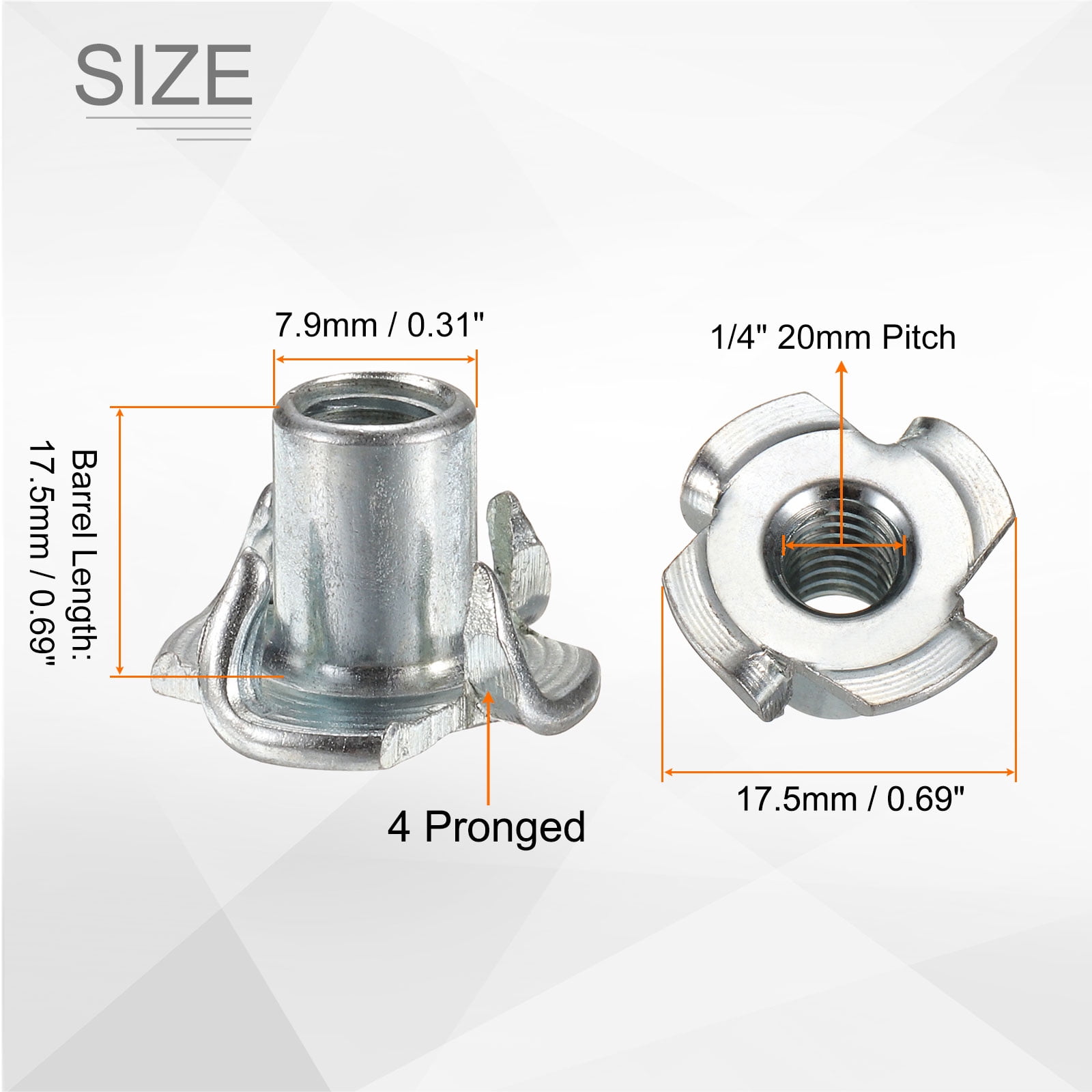 1/4x12mm T-Nuts 4 Pronged 0.68" x 0.47" Tee Nut Carbon Steel Fully Thread 100packs