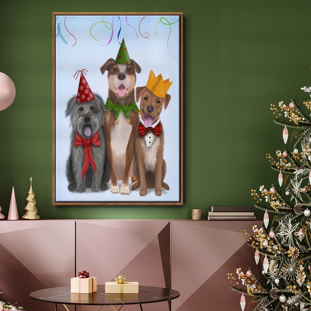 Christmas Party Mutts - Framed Gallery Wrapped Holiday Canvas - 27 x 41 - Rosewood Frame