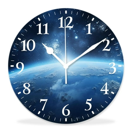 14 Inch Wall Clock Battery Operated Silent Clock Decorative for Office, Kitchen, Outdoor, Living Room,Blue Shiny Earth in Space Globe Planet Solar Print Print