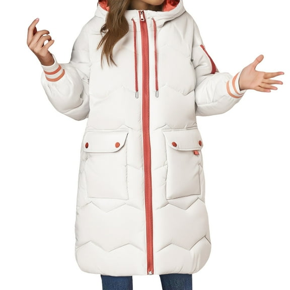 Breezora Women's Winter Thick Color Block Puffer Coat Mid Length Quilted Cotton Jacket L Size Beige