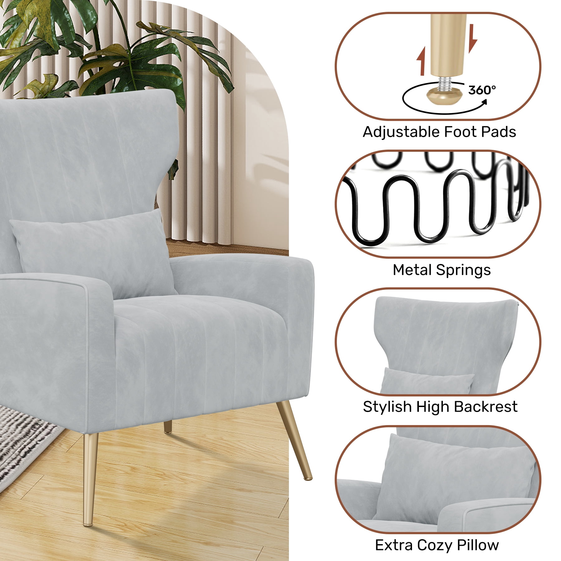 MOONMISS Velvet Accent Chair for Living Room, Modern Arm Chair with Pillow, Single Sofa Lounge Chair for Bedroom & Reading Room,Light Gray