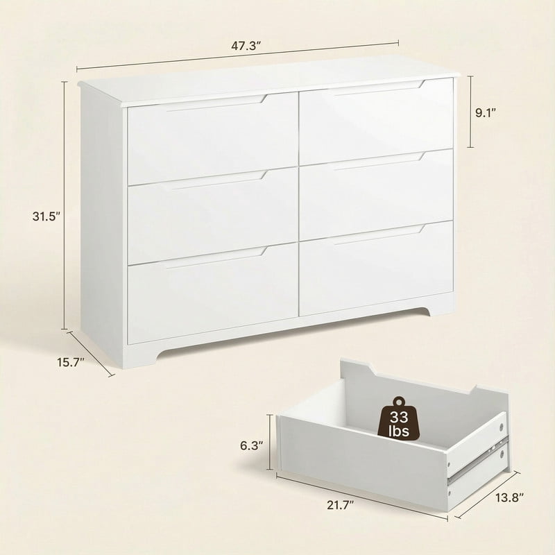 6-Drawer Double Dresser, Modern Black Wood Chest with Cutout Handles, Anti-Tip Safety, Smooth Metal Drawer Rails, White