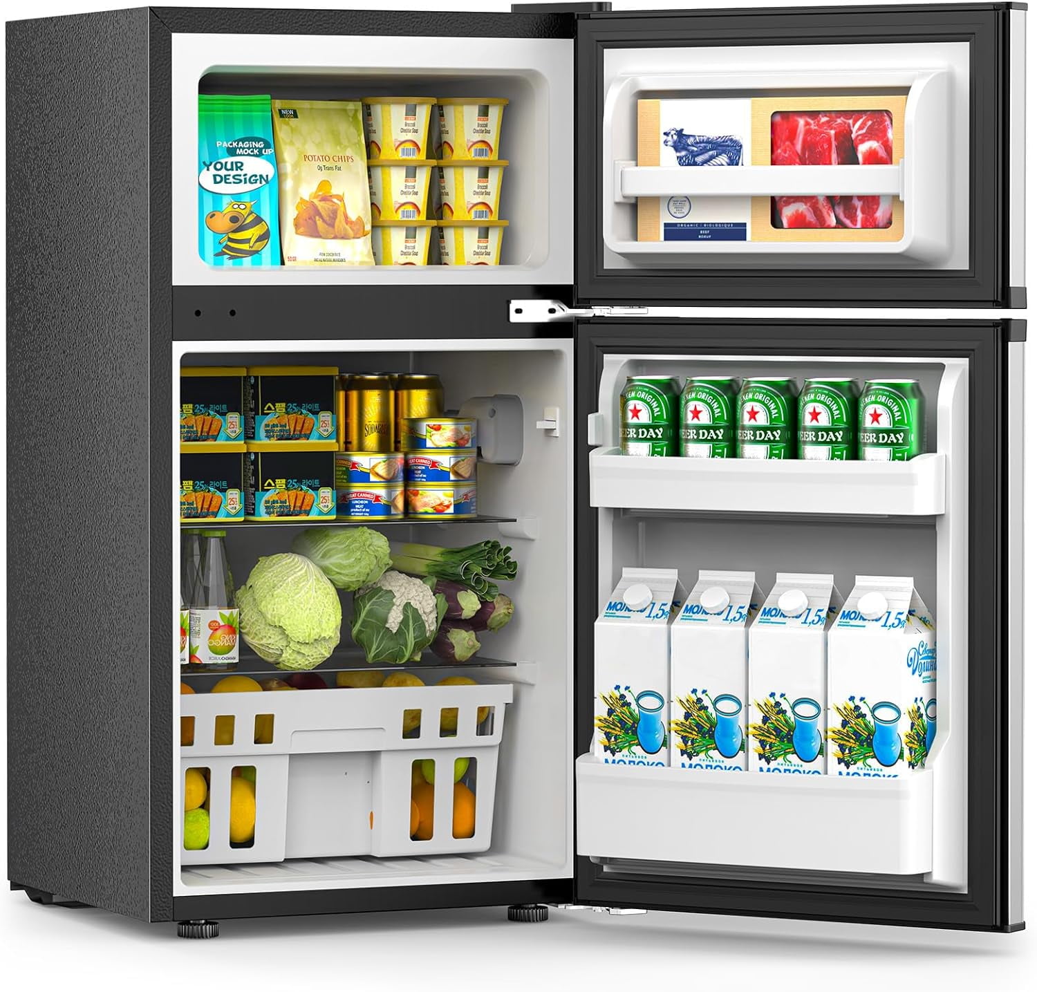 WAA 3.2 Cu.Ft Silver Mini Fridge with Freezer,Adjustable Thermostat Ideal for Bedroom,Dorm,Office,Bar & RV