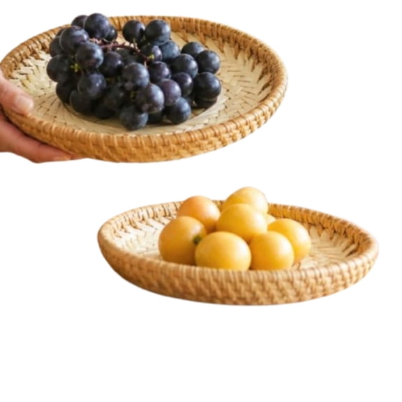 Woven Bamboo Serving Tray,Handwoven Shallow Flat Basket,Round Bamboo Serving Tray Decorative Serving Tray Rattan Fruits Dried Fruits Snack Plate