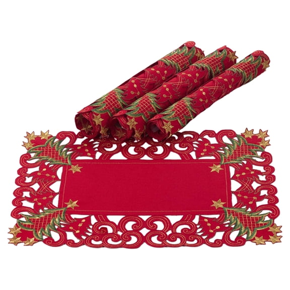 Fennco Styles Pandoro Collection Holiday Embroidered Christmas Tree Cutwork Placemats 14 x 20 Inch, Set of 4 – Red Table Mats for Christmas Dinner, Family Gathering, Special Events