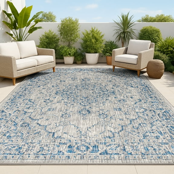 JONATHAN Y SANTA MONICA 8 x 10 Area Rug, Rozetta Boho Medallion Textured Weave - Gray/Navy, SMB102B-8