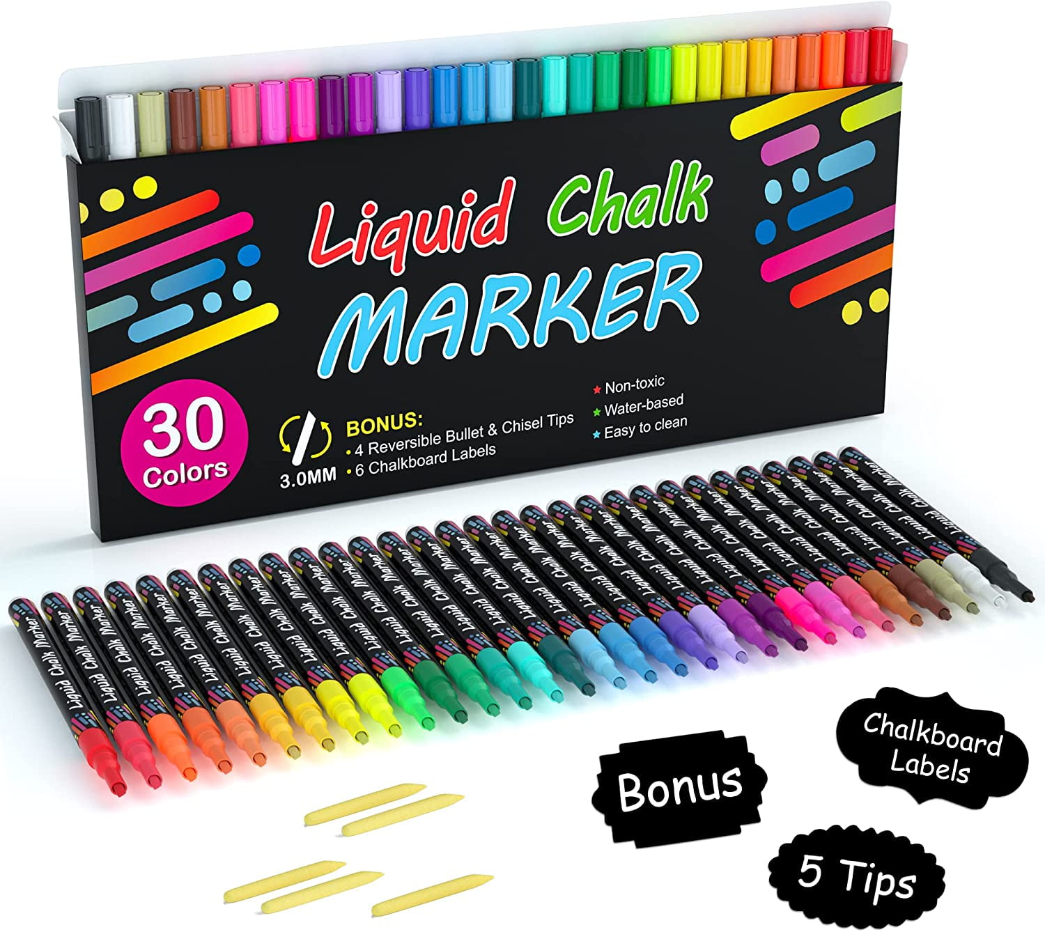 Chalk Markers, Shuttle Art 30 Vibrant Colors Liquid Chalk Markers Pens for Chalkboards, Windows, Glass, Cars, Water-based, Erasable, Reversible 3mm Fine Tip