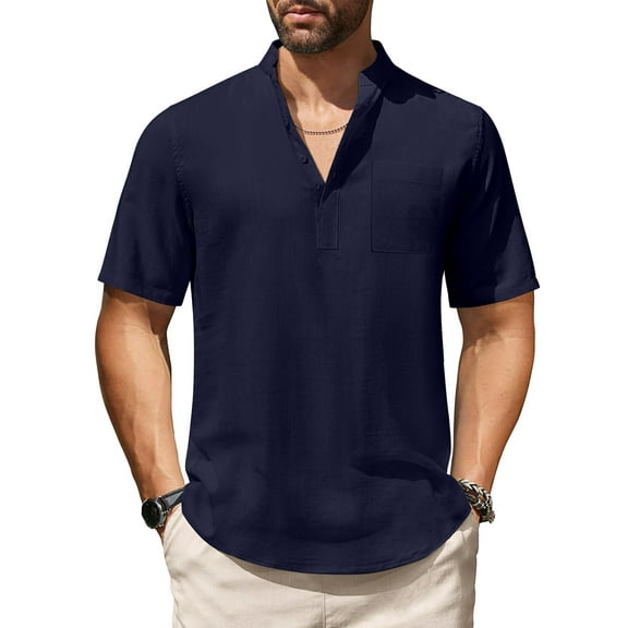 HAOMEILI Men's Cotton Linen Henley Shirt Short Sleeve Hippie Casual Beach T-Shirts with Pocket
