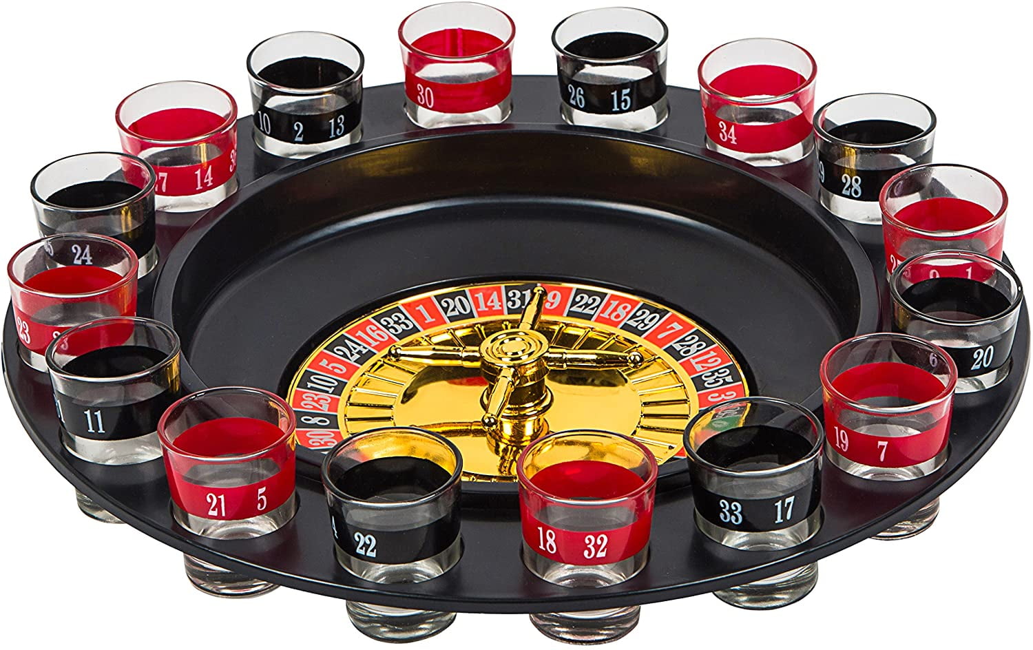 Shot Glass Roulette Drinking Game and Poker Playing Cards Set - Spinning Wheel, 2 Balls and 16 Shot Glasses - Casino Adult Party Games
