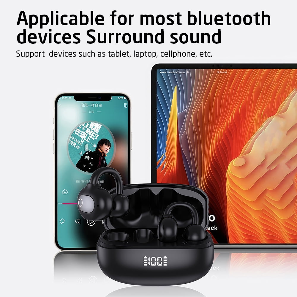 VTIN S75 Bluetooth 5.4 Ear Clip Headphones - Black Digital Display, Touch-Free Control, 6H/24H Battery, Dual Master Earbuds Semi-In-Ear with Instant Pairing & Type-C Charging
