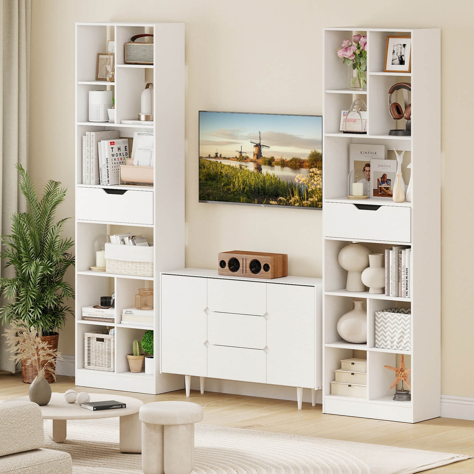 Costway 2 PCS 71”Bookcase with Drawer, 10 Open Cubes, Anti-toppling Kits for Study, Office White